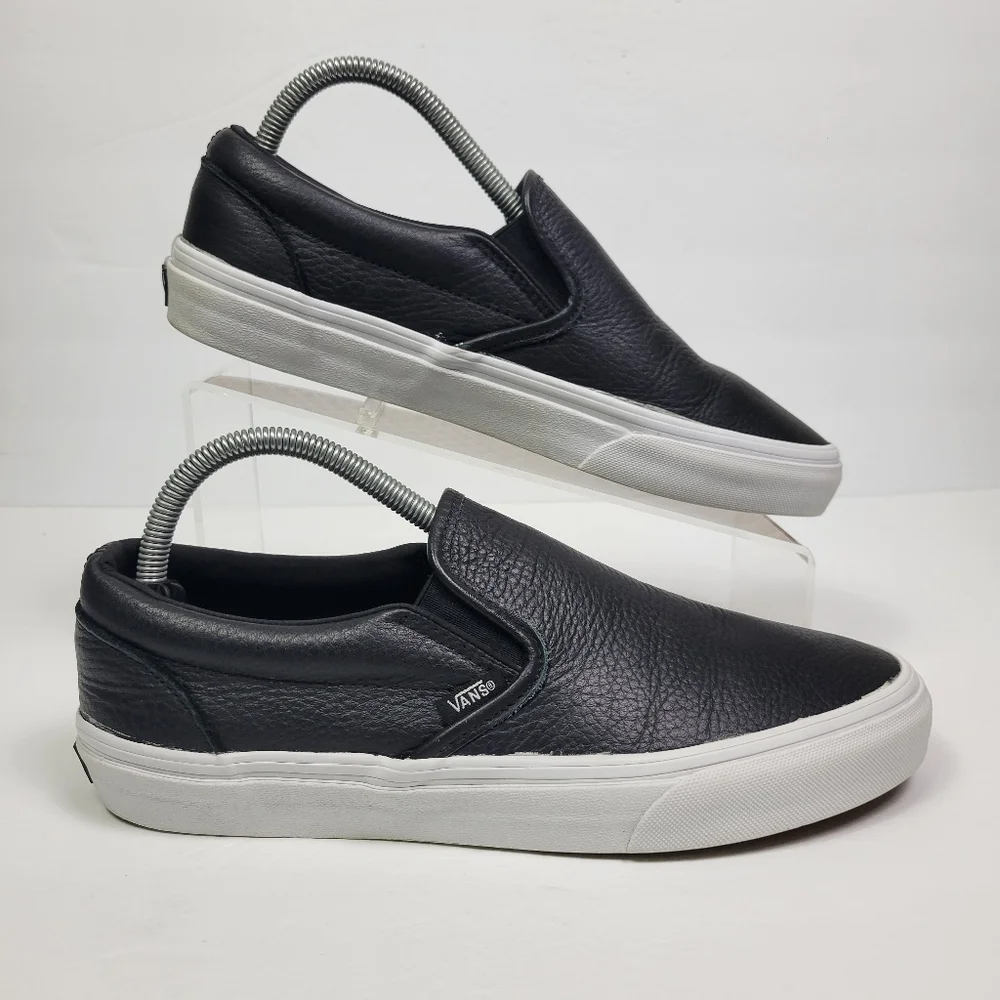 Vans Black Leather Slip-On Sneakers with White Sole